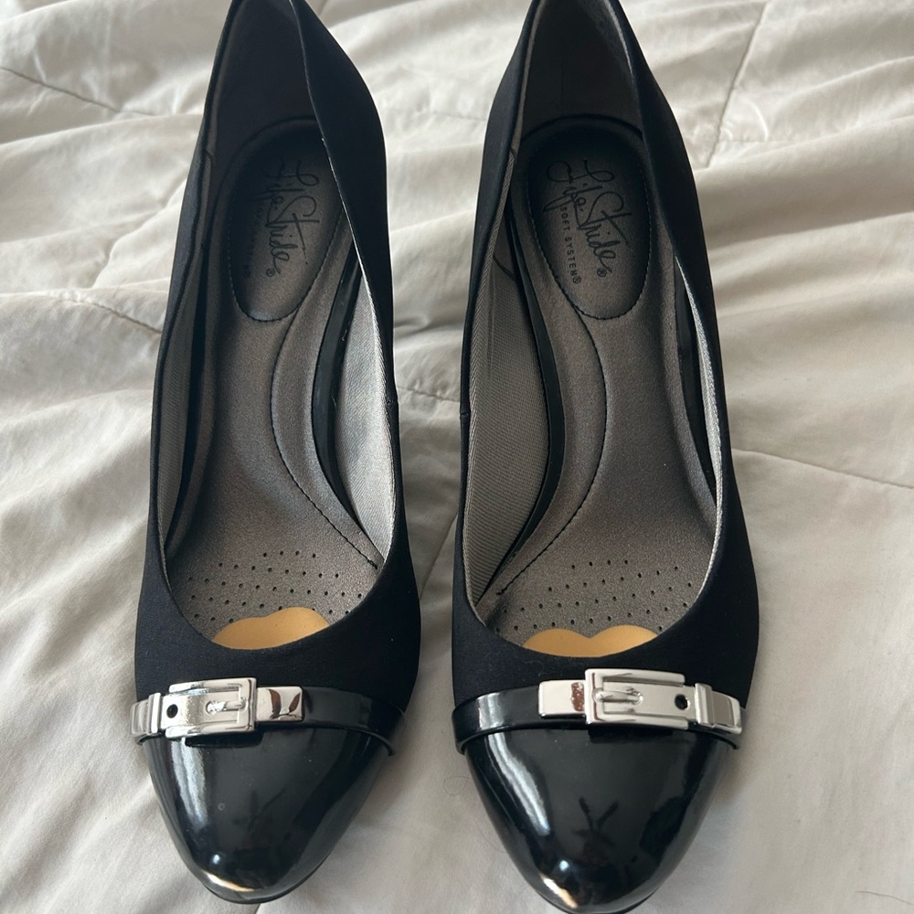 Life Stride Black Heels with Silver Buckle